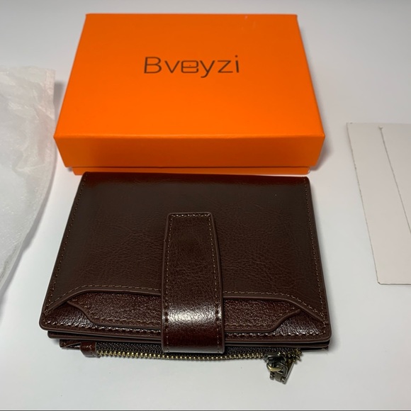 Bveyzi RFID Leather Bifold wallet burgundy snap - Picture 1 of 12
